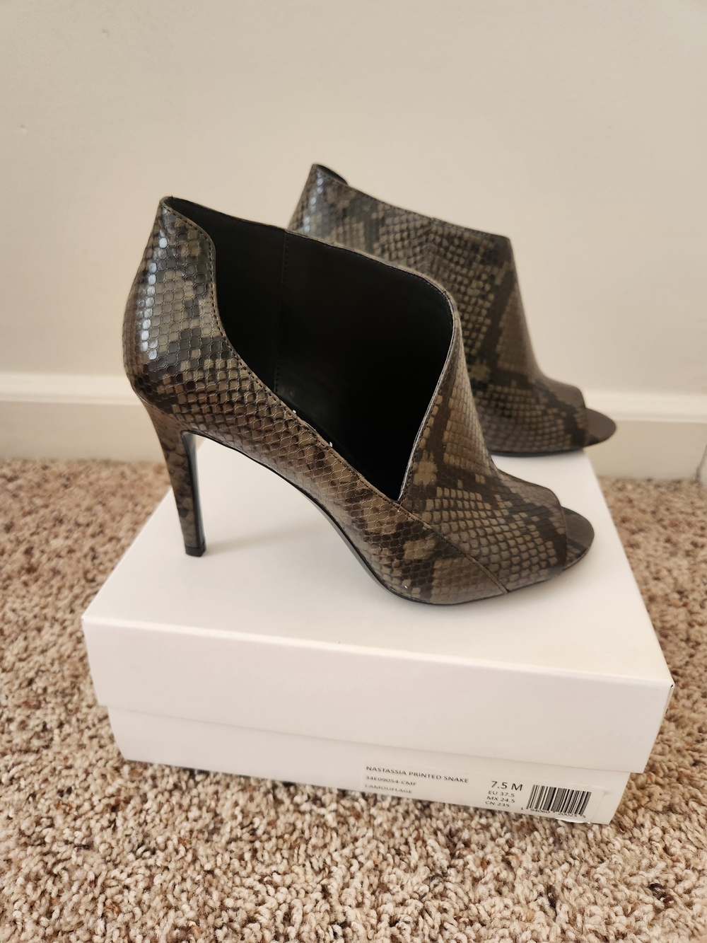 Snake-Print Peep Toe Stiletto Booties - Taupe/Brown